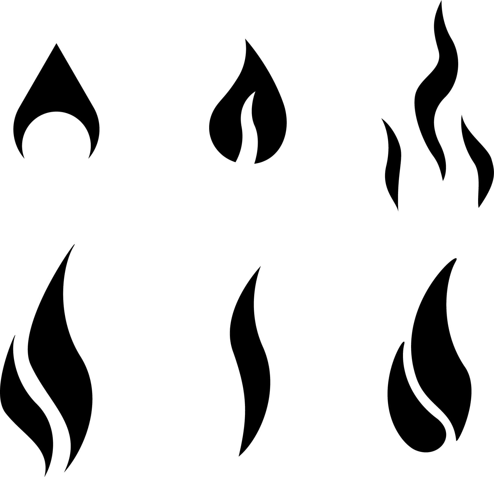 Six flame and smoke shape explorations ranging from angular flame to wispy smoke lines