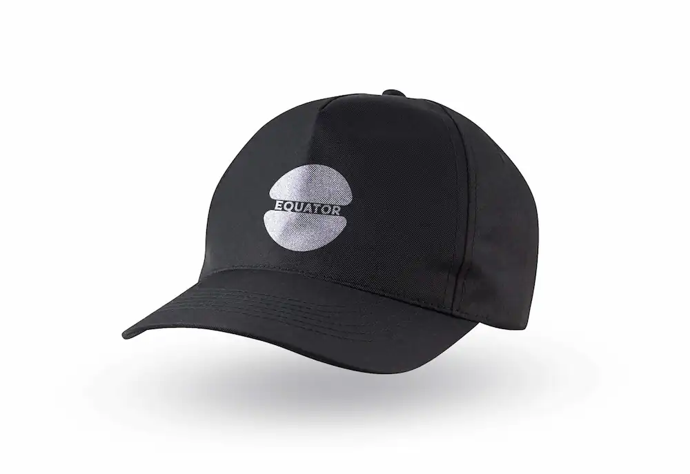 Equator Coffees black baseball cap with the full trademark embroidered in white on the front panel