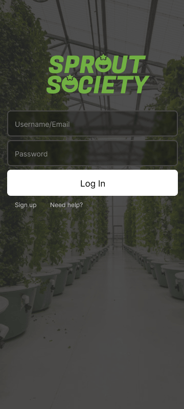 High-fidelity v1 screen: Sprout Society sign-in screen with logo over an aeroponic greenhouse background