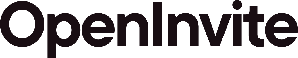 OpenInvite primary logo: white wordmark on dark rounded background with blue dot accent