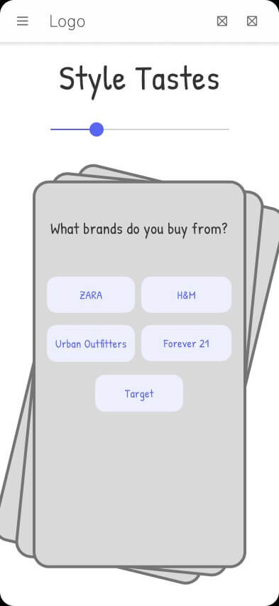 Lo-fi wireframe of the onboarding style quiz screen