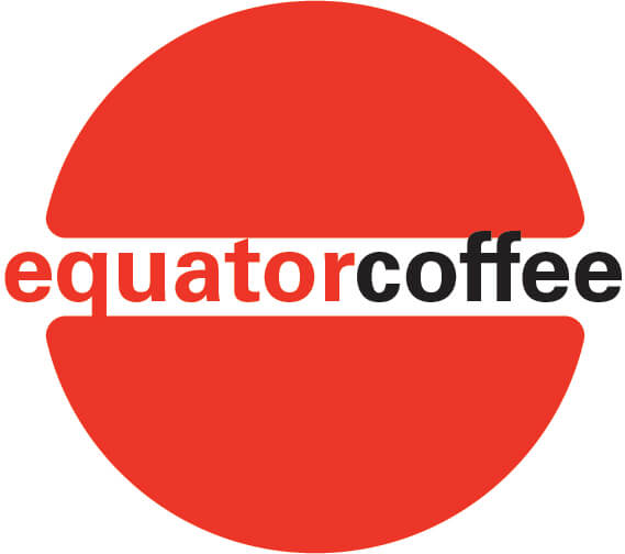 Early logo rough — filled red circle split by a horizontal band with equatorcoffee in mixed red and black type