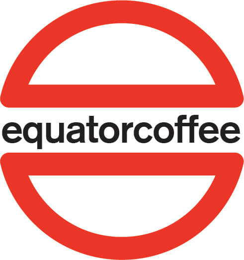 Early logo rough — outlined circle halves with equatorcoffee in black type across the center