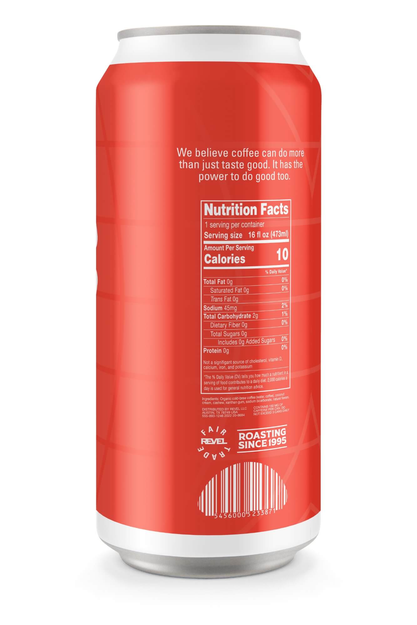 Equator cold brew can back — nutrition facts and brand statement reading 'We believe coffee can do more than just taste good'