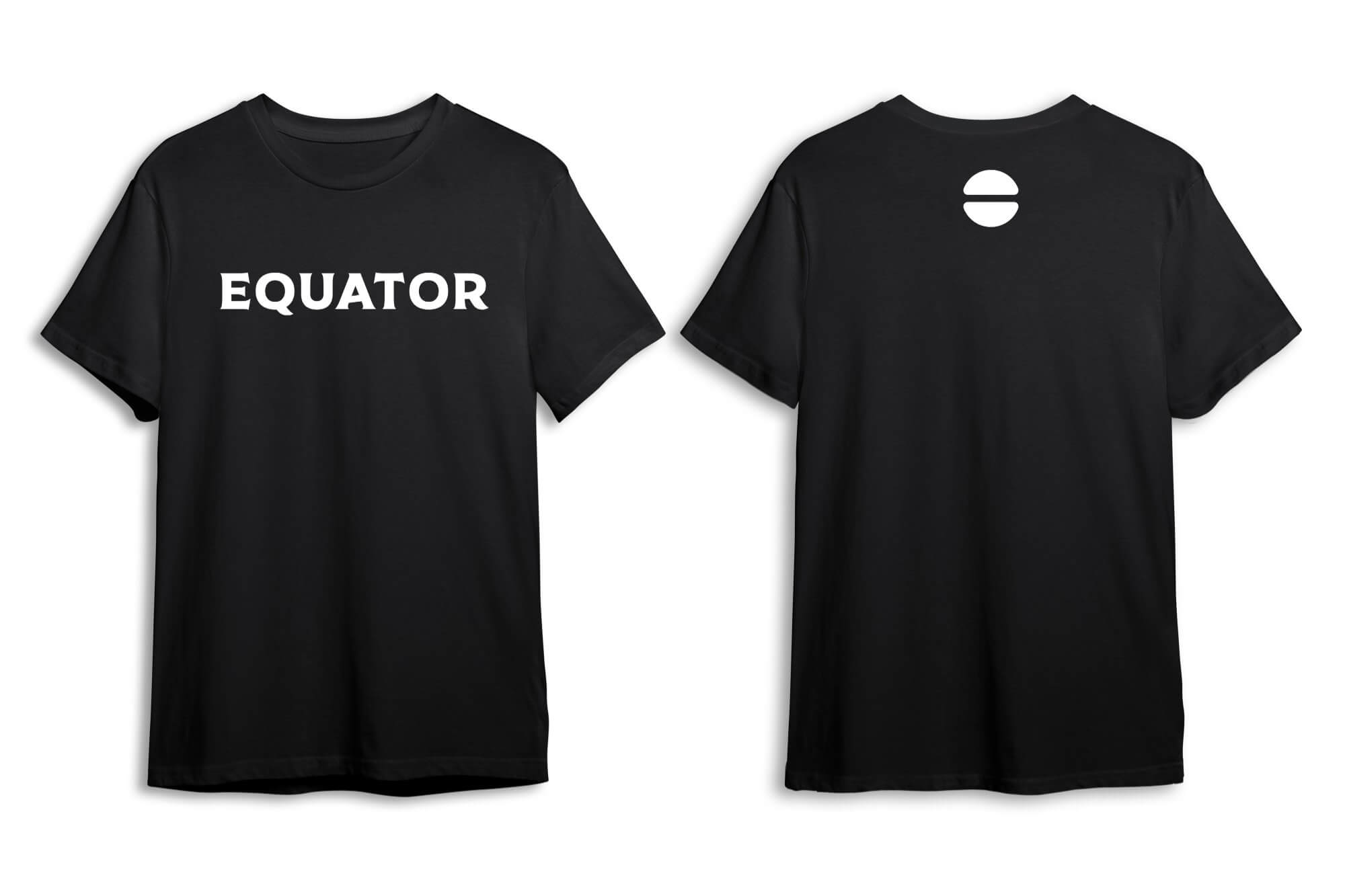 Equator Coffees black t-shirt — front with EQUATOR wordmark in white, back with the icon-only mark in white
