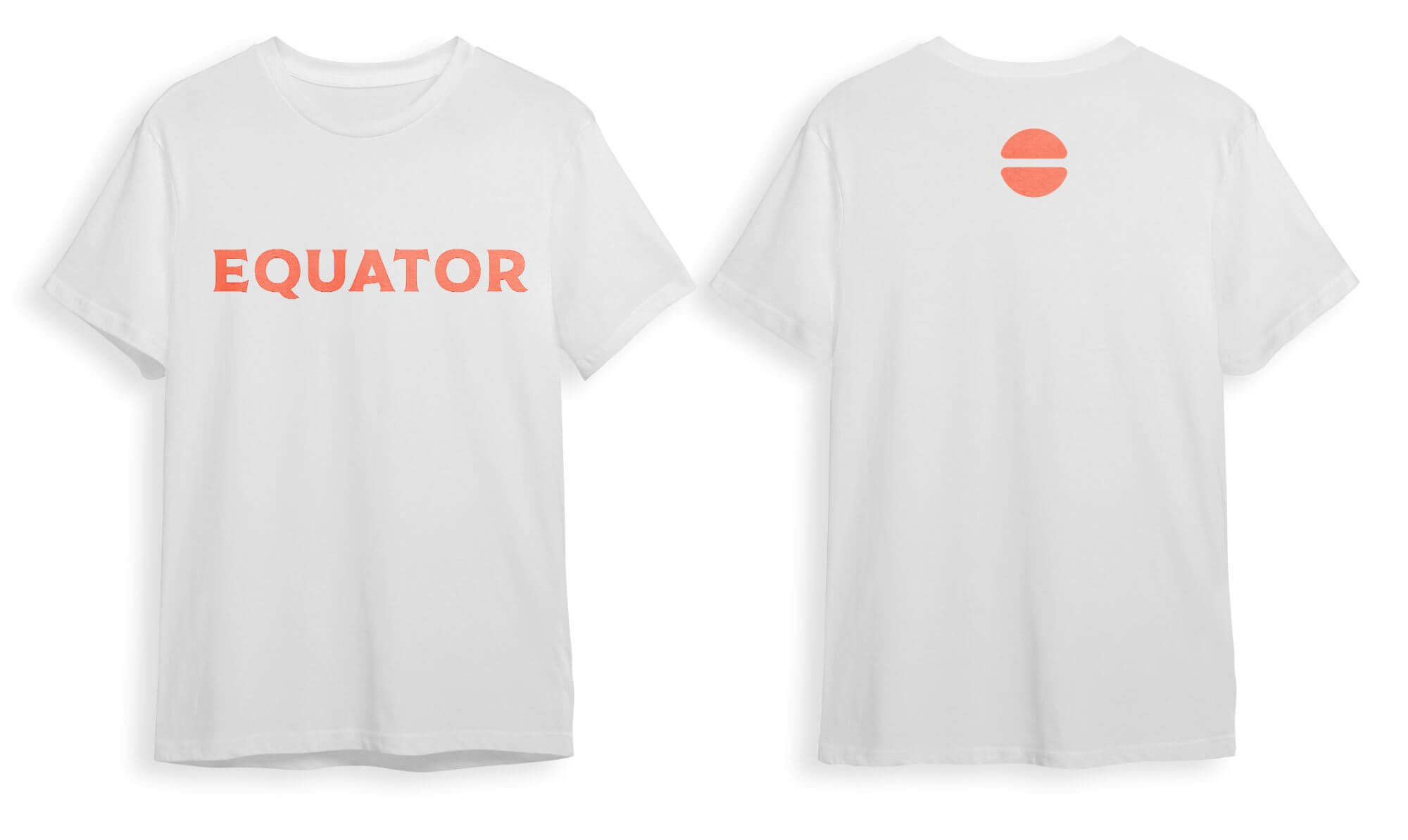 Equator Coffees white t-shirt — front with EQUATOR wordmark in red, back with the icon-only mark