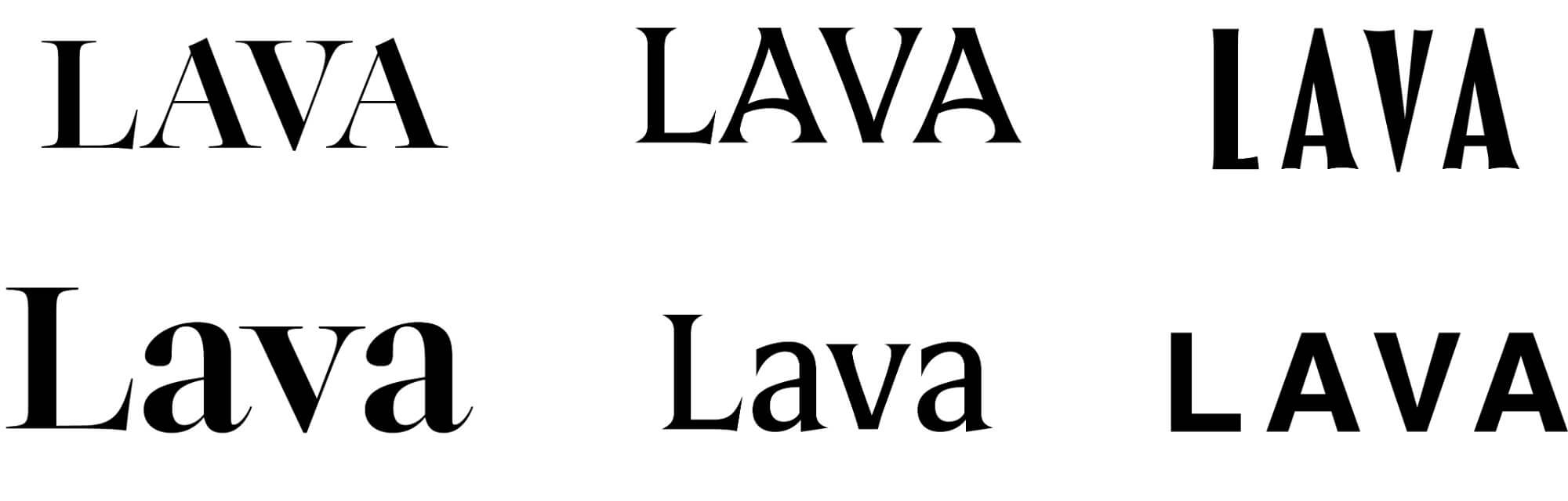 Six typeface explorations for the LAVA wordmark across different serif styles and cases