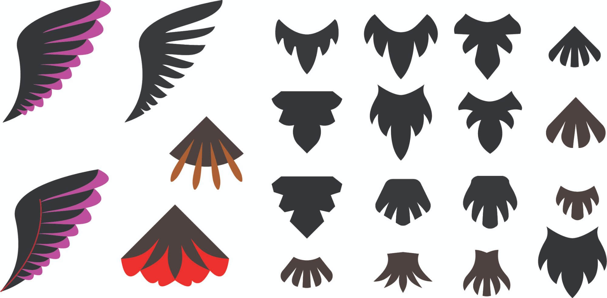 A exploration sheet showing different wing and tail feather shape options: from detailed segmented feathers in pink and teal on the left, to progressively simpler angular forms, to small rounded tail feather options in brown, red, white, and black on the right